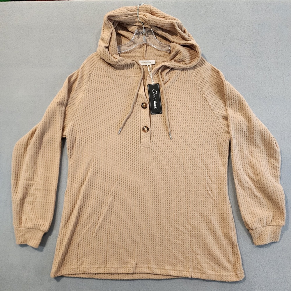 Fantaslook Women's Waffle‎ Knit Hoodie Pullover Long Sleeve Henley Beige Large